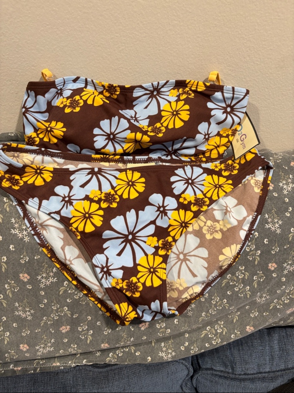 Floral Bikini Bottoms and Bandeau Top - Brown, Yellow & Light Blue